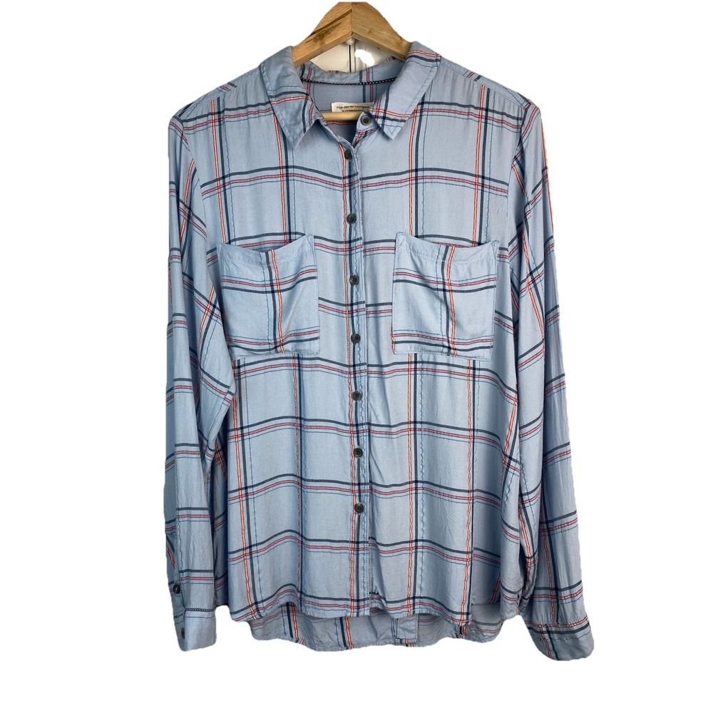 Anthropologie Pilcro Women's L Blue Plaid Embroidered Split Back Button Up Shirt